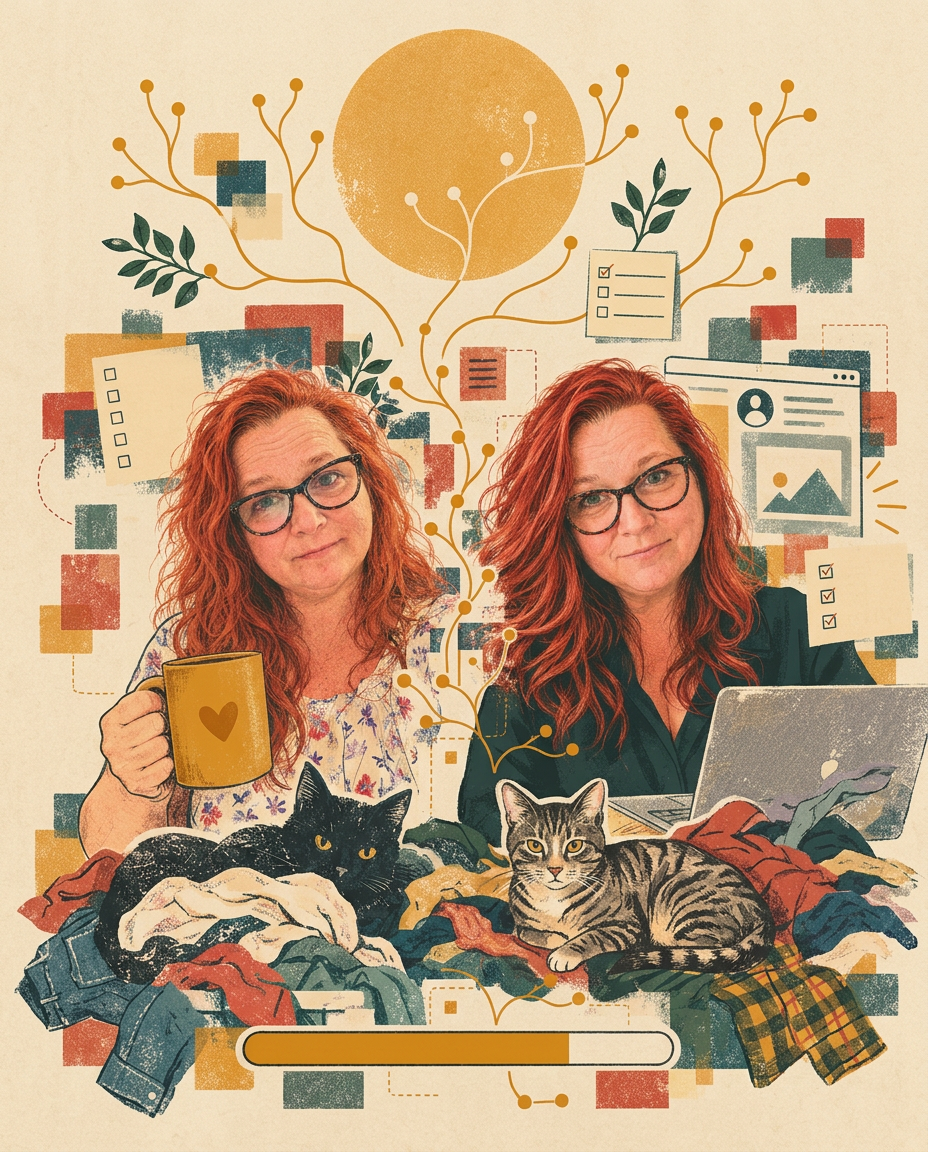Golden line-art of two portraits of the same woman, one casual and one polished, with cats, laundry, a plain mug, and blank checklist cards, above a progress bar filled to seventy percent, surrounded by translucent teal, amber, and terracotta shapes on cream paper